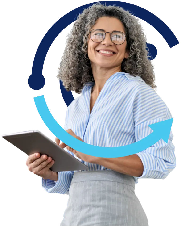 A cheerful woman with glasses is holding a tablet, exuding confidence and friendliness.