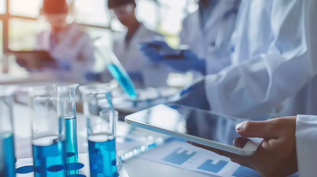 A team of professionals in lab coats is holding tablets, appearing to share information or conduct research together.